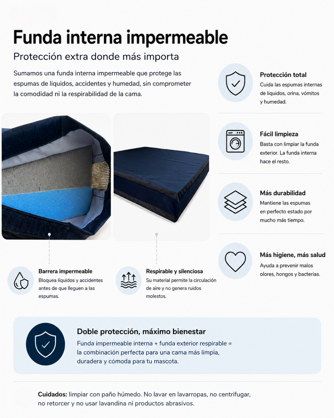 Funda interna impermeable y respirable que protege las espumas de la cama Oppter Antidesgarro